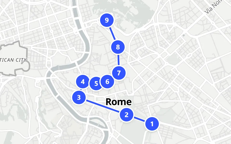Map of day 1 in Rome: 9 stops in walking order