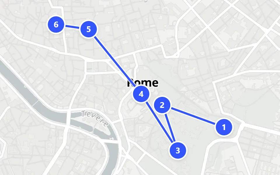 Map of day 1 in Rome: 6 stops in walking order