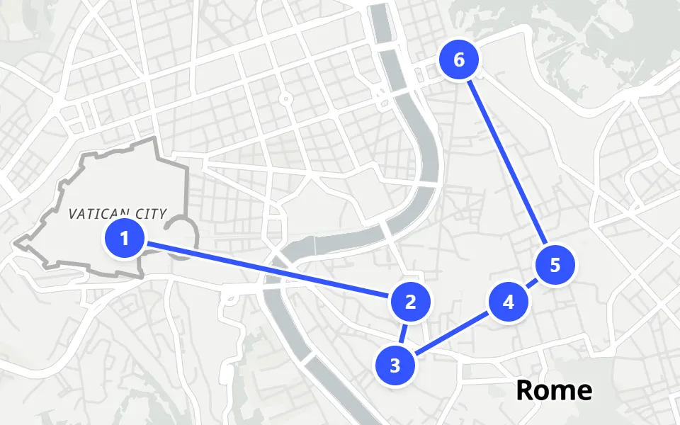 Map of day 1 in Rome: 6 stops in walking order