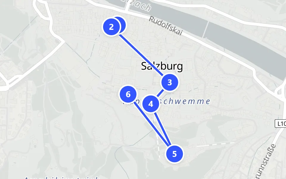 Map of day 1 in Salzburg: 6 stops in walking order