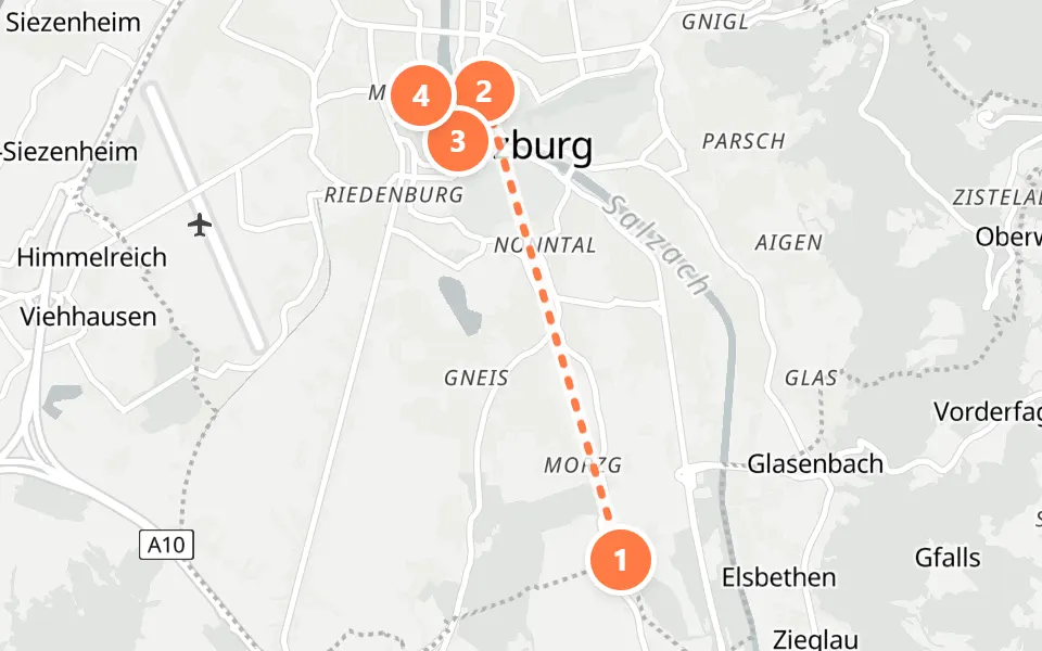 Map of day 2 in Salzburg: 4 stops in walking order