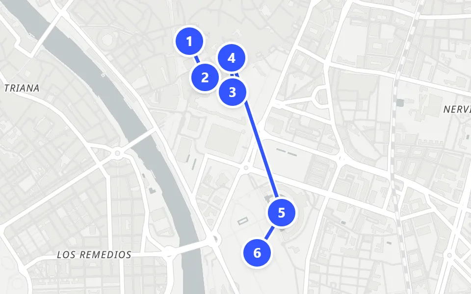Map of day 1 in Seville: 6 stops in walking order