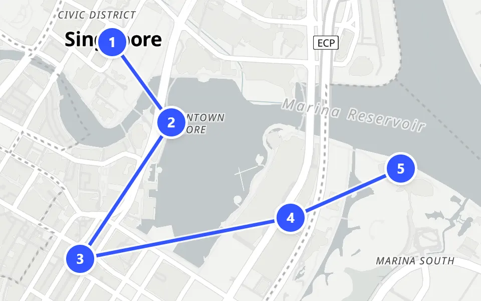 Karte von Tag 1 in Singapur: 5 Stopps in Gehreihenfolge