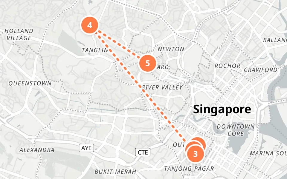 Karte von Tag 2 in Singapur: 5 Stopps in Gehreihenfolge