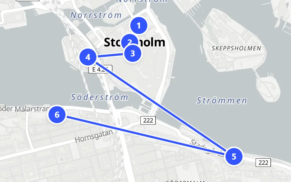 Map of day 1 in Stockholm: 6 stops in walking order