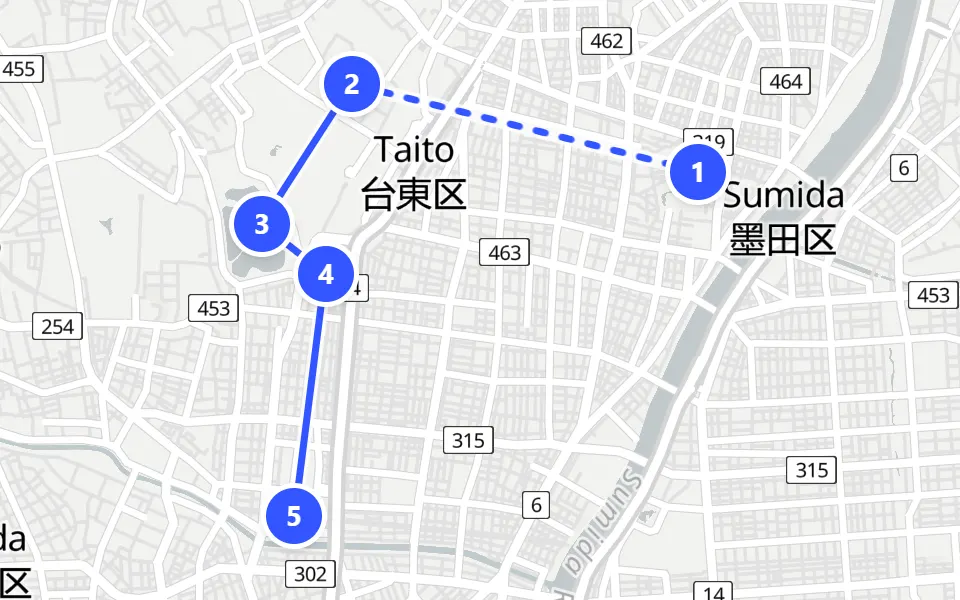 Map of day 1 in Tokyo: 5 stops in walking order