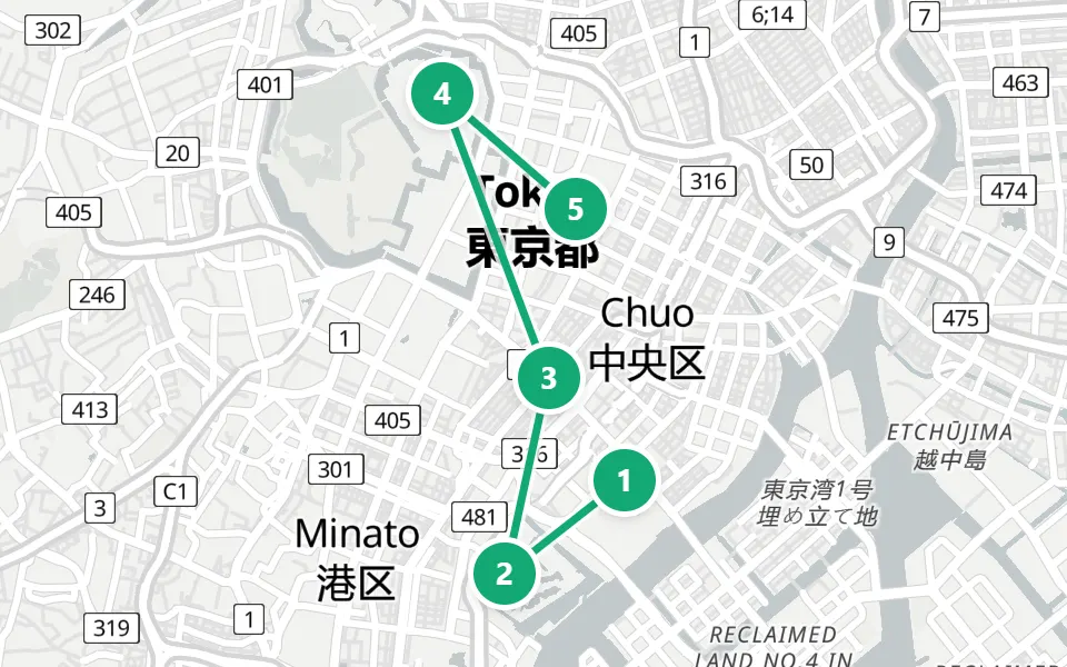 Map of day 3 in Tokyo: 5 stops in walking order