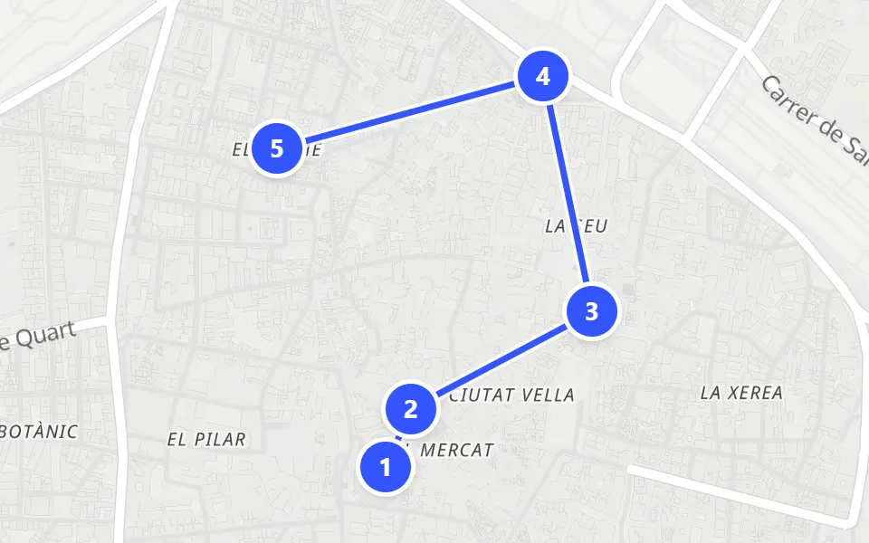 Map of day 1 in Valencia: 5 stops in walking order