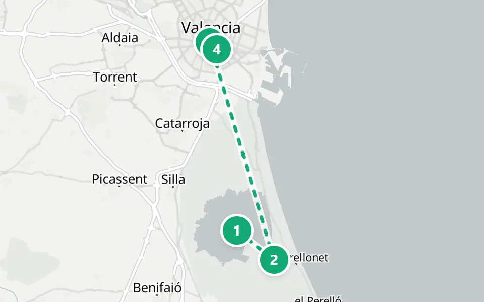 Map of day 3 in Valencia: 4 stops in walking order