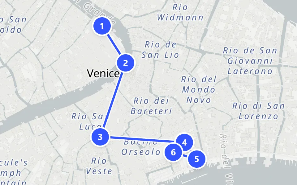 Map of day 1 in Venice: 6 stops in walking order