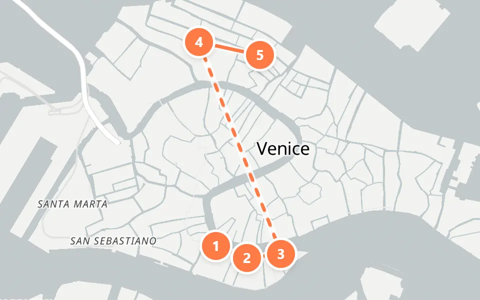 Map of day 2 in Venice: 5 stops in walking order