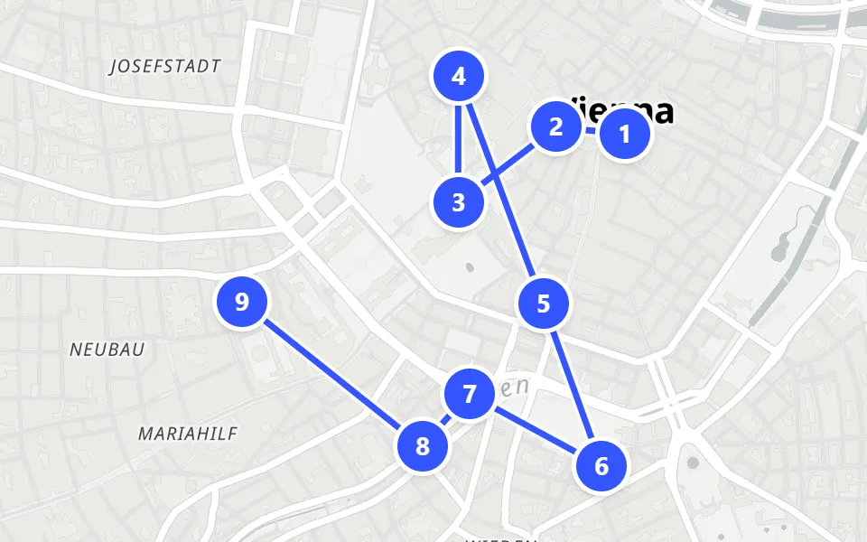 Map of day 1 in Vienna: 9 stops in walking order