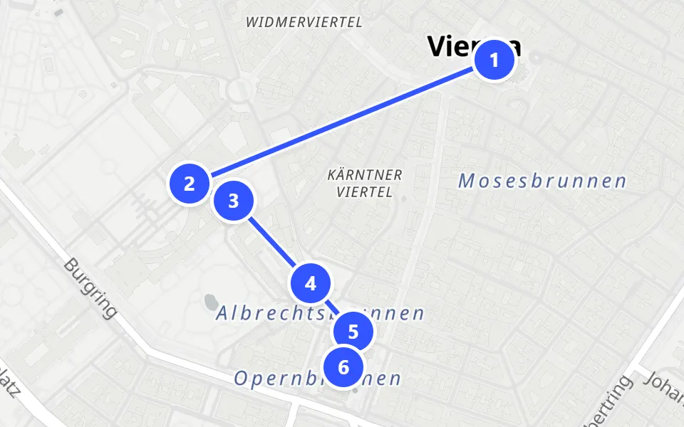 Map of day 1 in Vienna: 6 stops in walking order