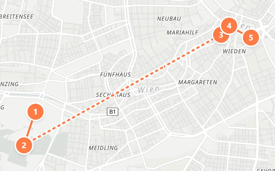 Map of day 2 in Vienna: 5 stops in walking order