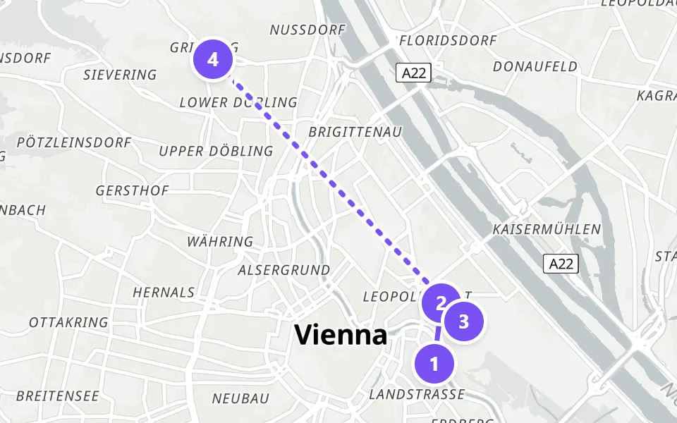 Map of day 5 in Vienna: 4 stops in walking order