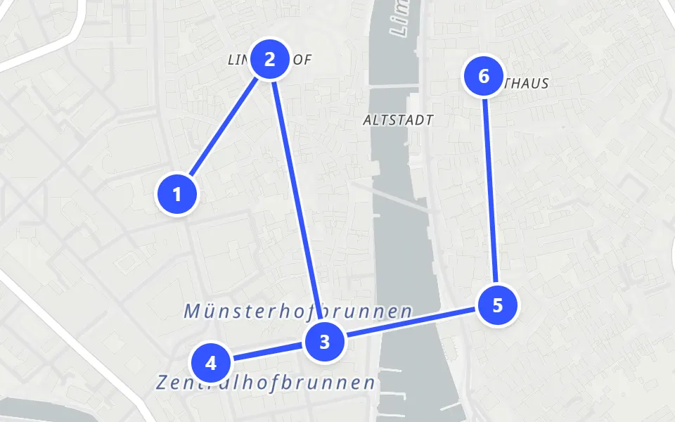Map of day 1 in Zurich: 6 stops in walking order