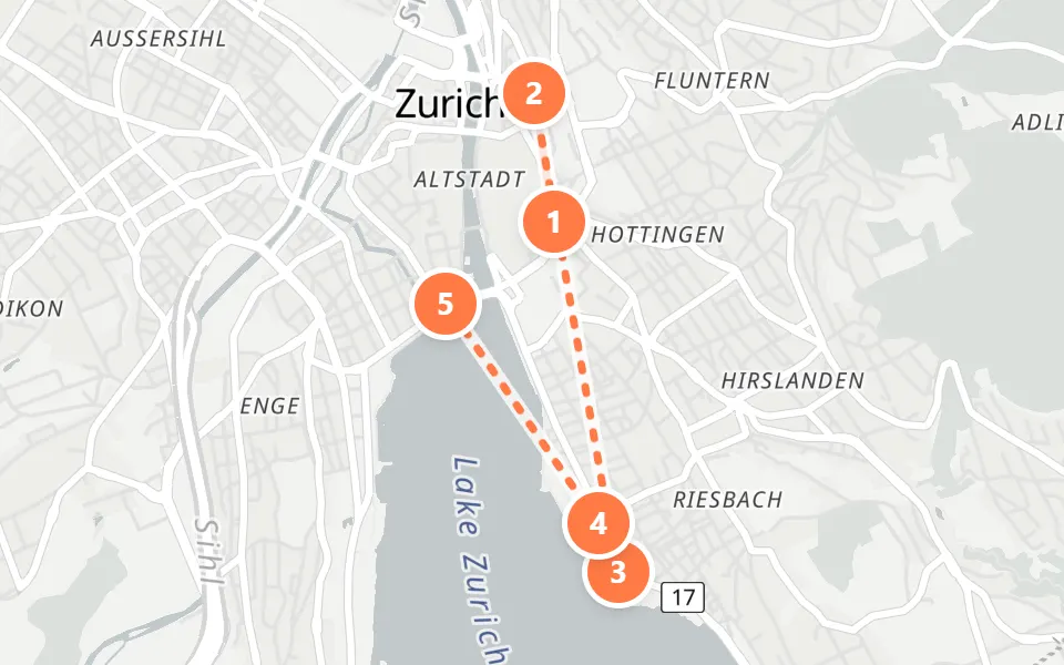 Map of day 2 in Zurich: 5 stops in walking order