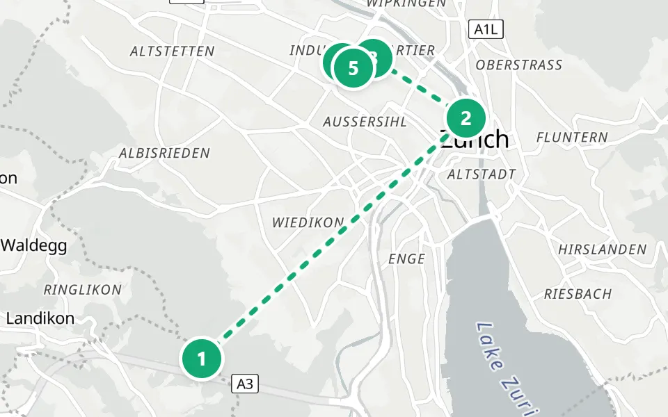 Map of day 3 in Zurich: 5 stops in walking order