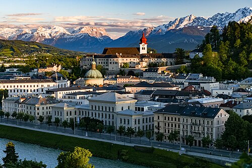 View over Salzburg and the Salzach with the Alps