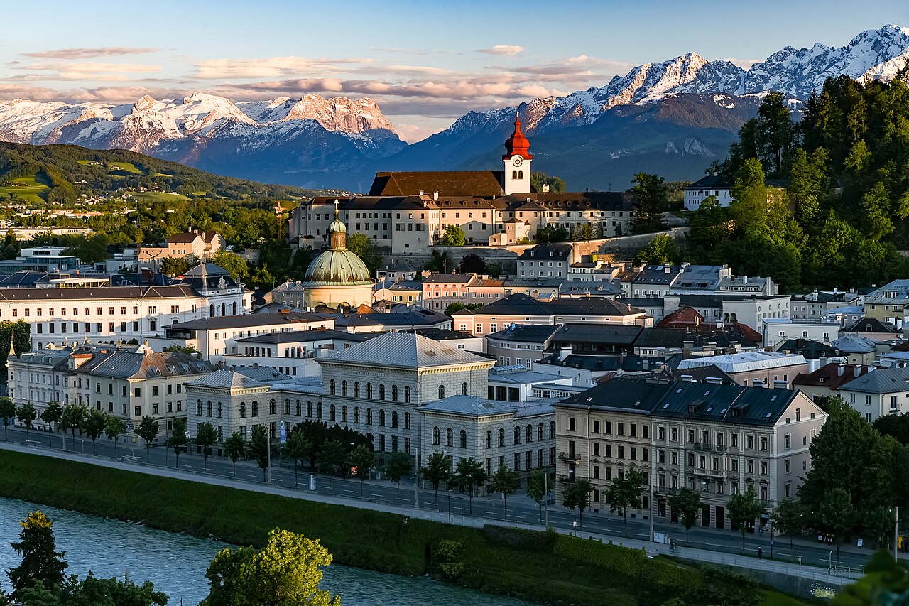 View over Salzburg and the Salzach with the Alps