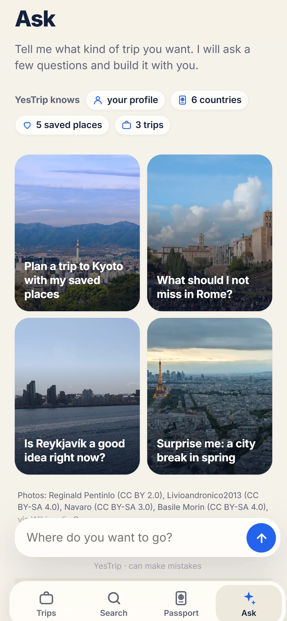 AI chat with four starter cards showing photos of destinations