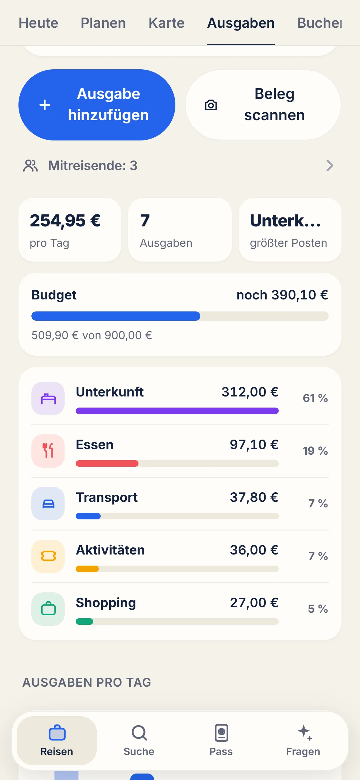 Reiter Ausgaben mit den Knöpfen „Ausgabe hinzufügen“ und „Beleg scannen“, Budget-Balken und Ausgaben nach Kategorie
