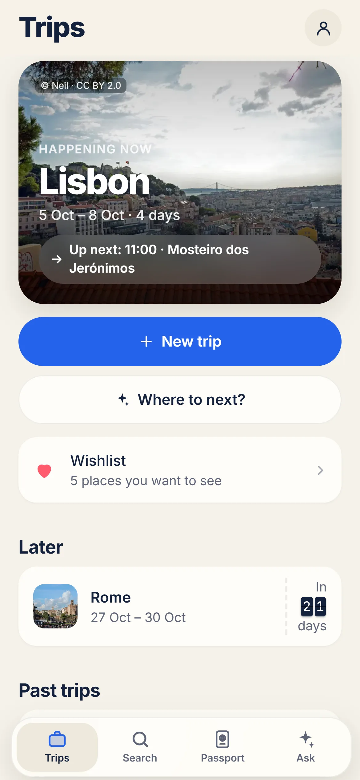 YesTrip on a phone: overview of your trips with a photo of the next one