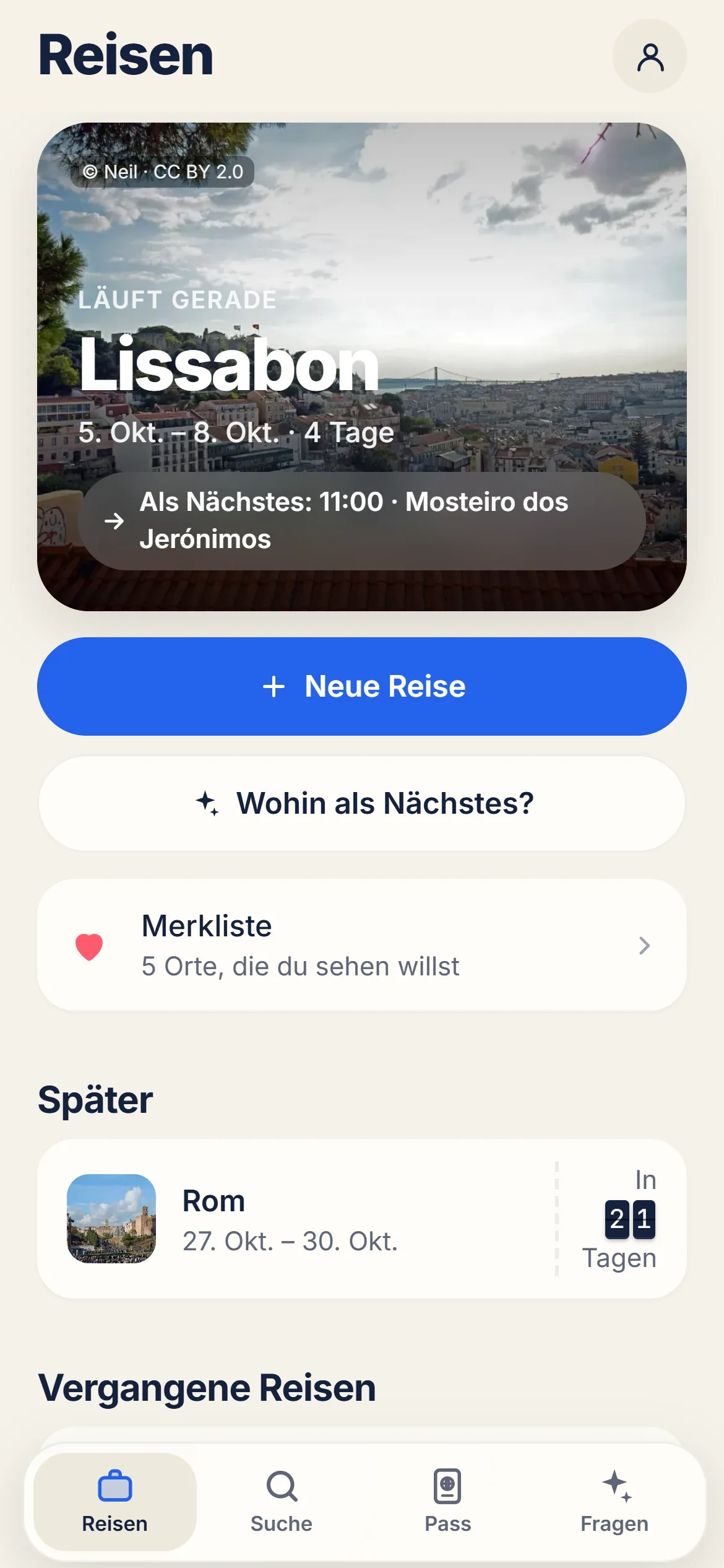 YesTrip auf dem Handy: Übersicht deiner Reisen mit Foto der nächsten Reise