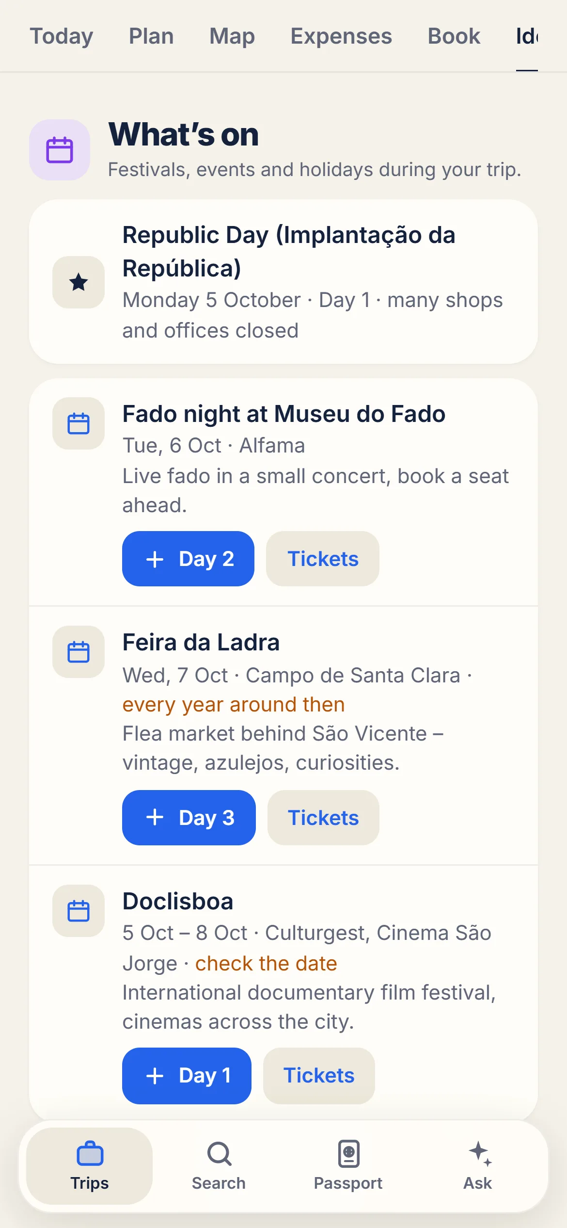 “What’s on” section with a public holiday and events during the trip