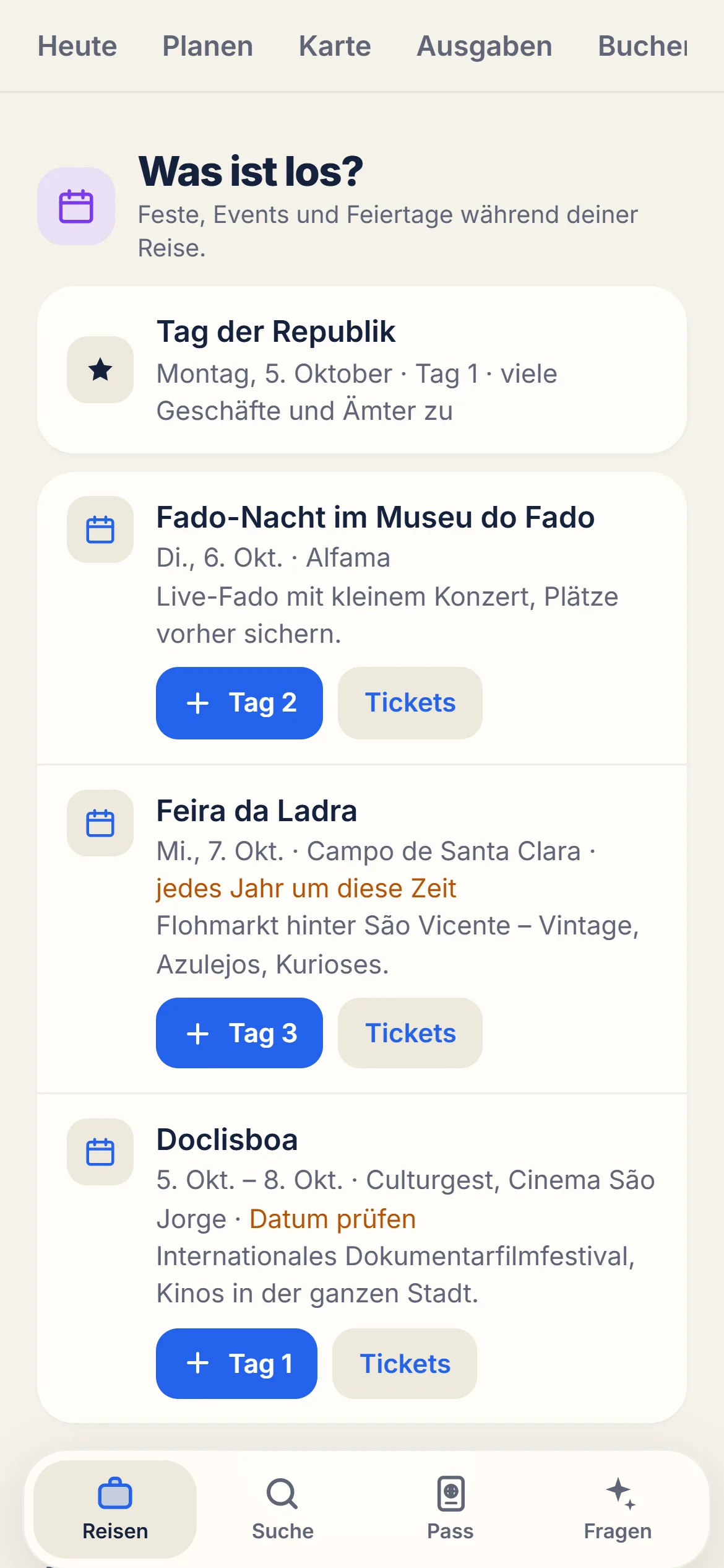 Bereich „Was ist los?“ mit einem Feiertag und Events während der Reise