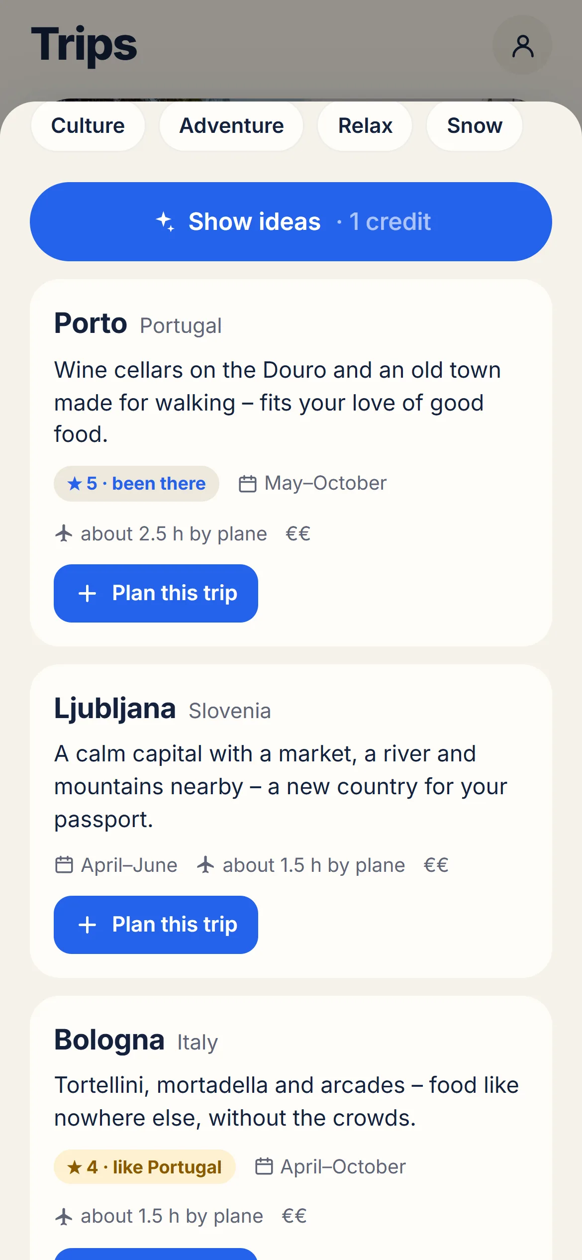 Suggestions for the next destination with reasons, a star forecast from your passport, best season and flight time