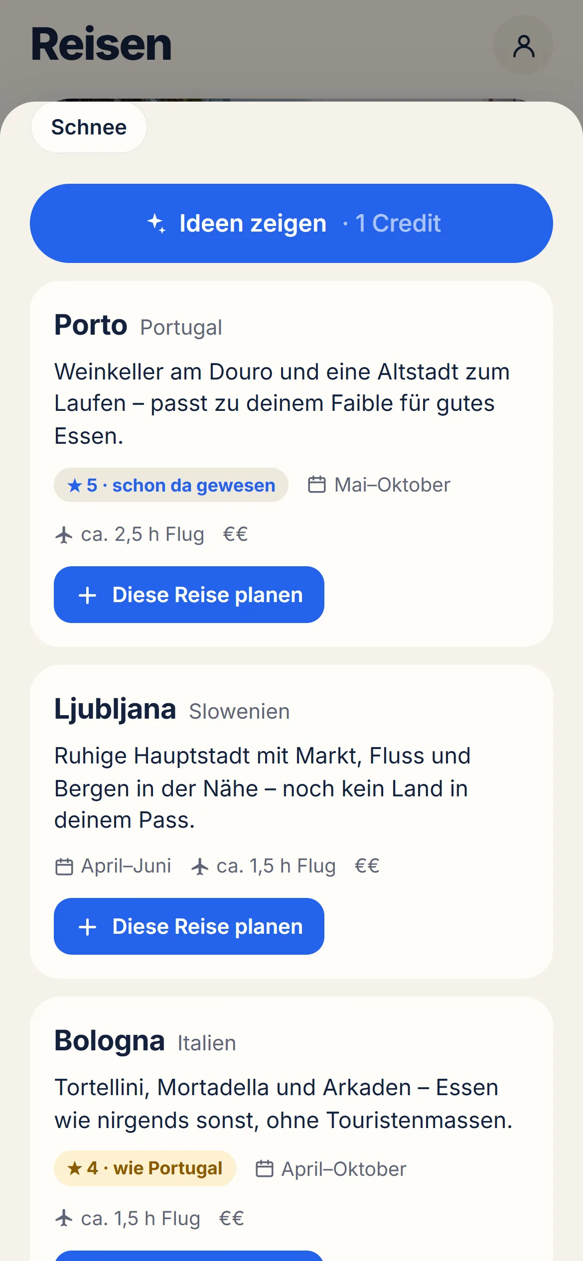 Vorschläge für das nächste Reiseziel mit Begründung, Sterne-Prognose aus dem Reisepass, bester Reisezeit und Flugzeit