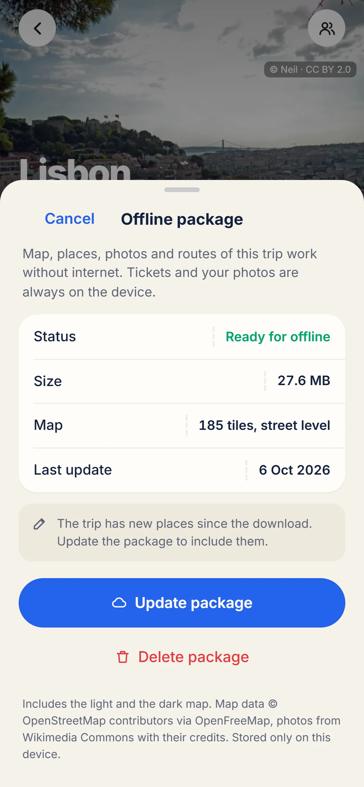 Offline package sheet with size, progress and the label “Offline ready”