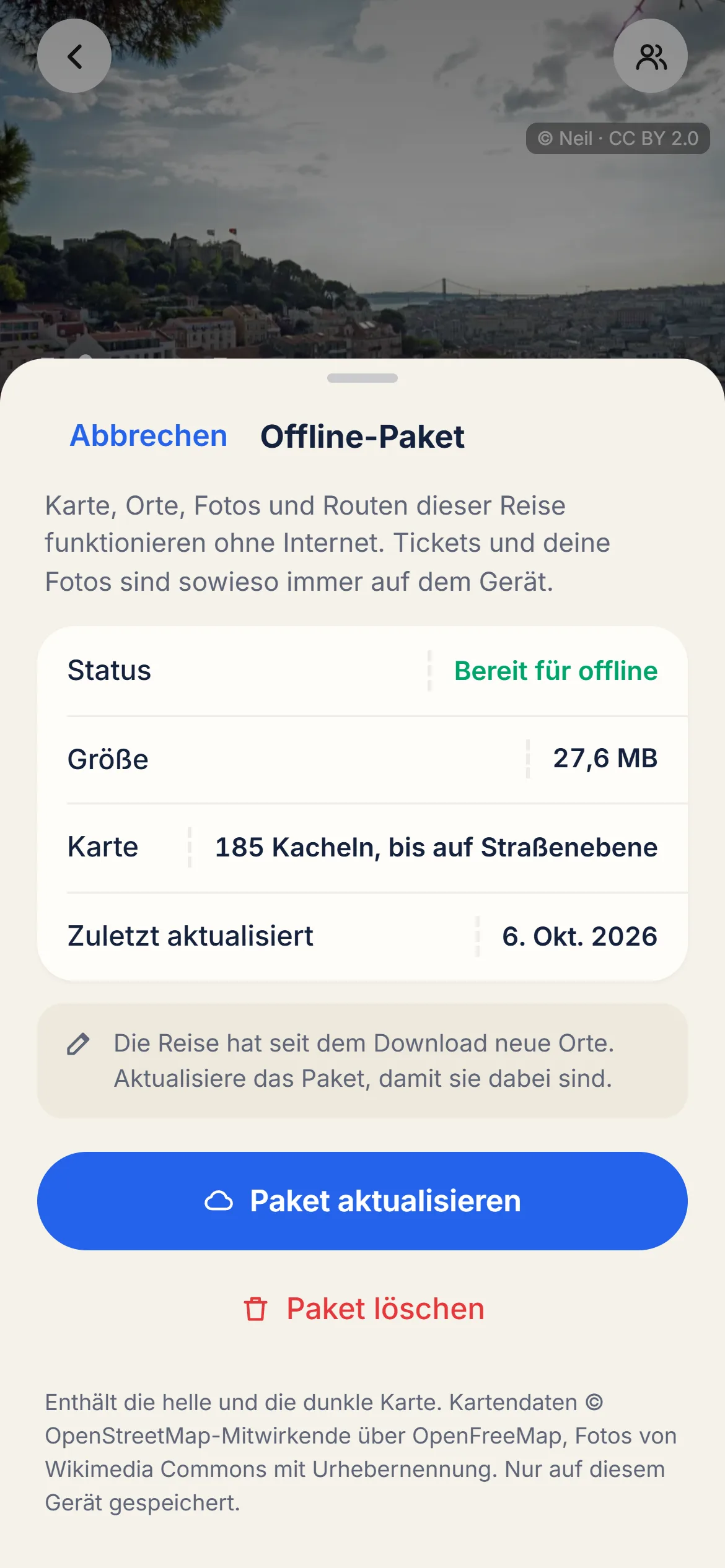 Fenster Offline-Paket mit Größe, Fortschritt und dem Hinweis „Offline bereit“