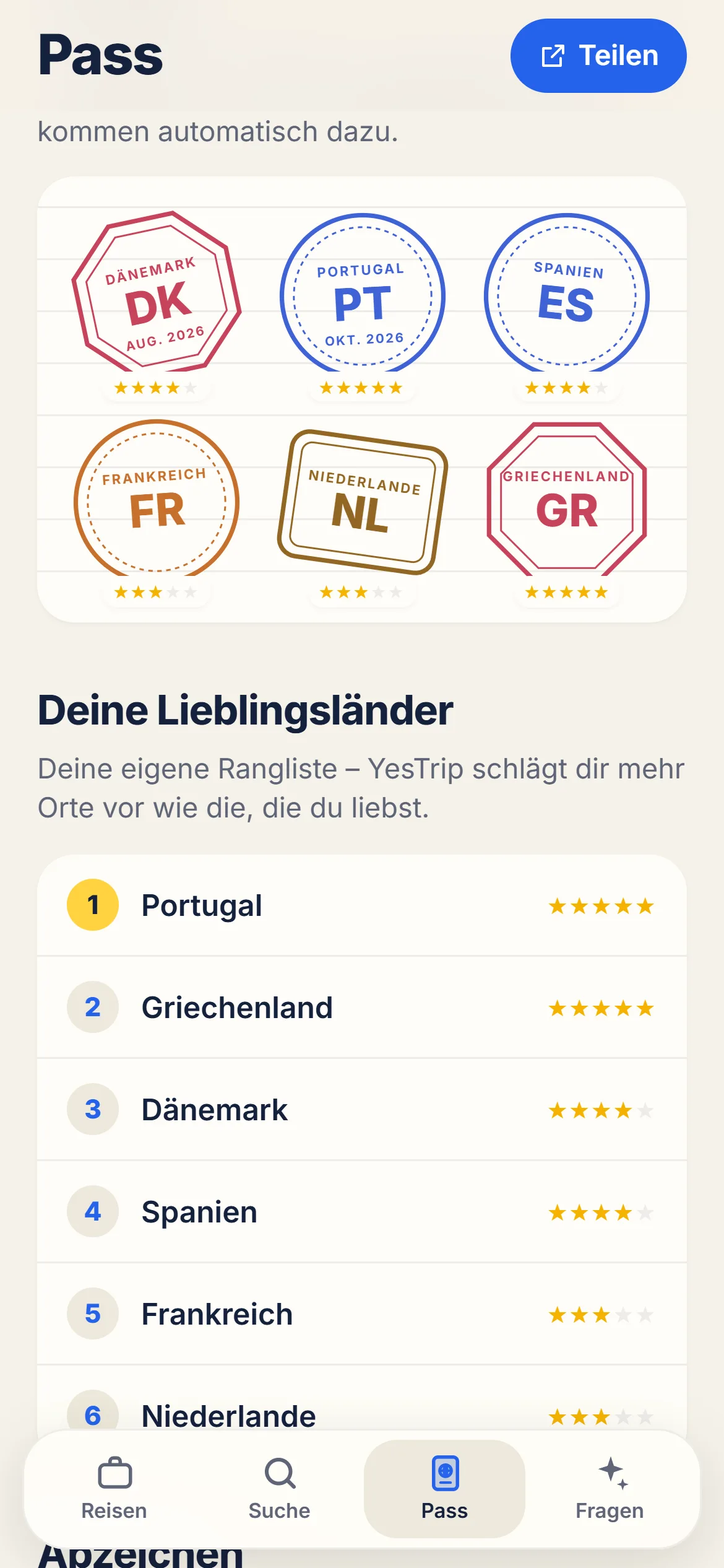 Reisepass mit Länderstempeln, Sternen und der Rangliste „Deine Lieblingsländer“