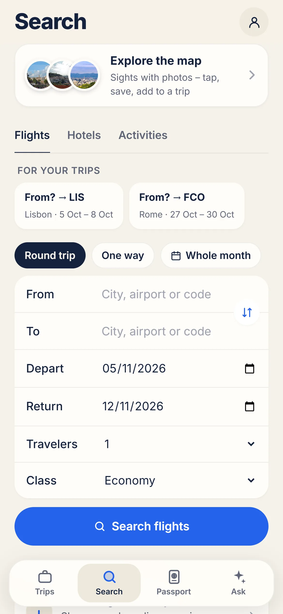 Flight search with filters for departure time, stops and price