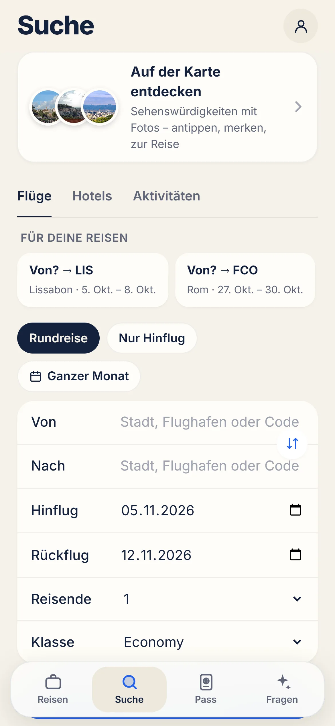 Flugsuche mit Filtern für Abflugzeit, Stopps und Preis