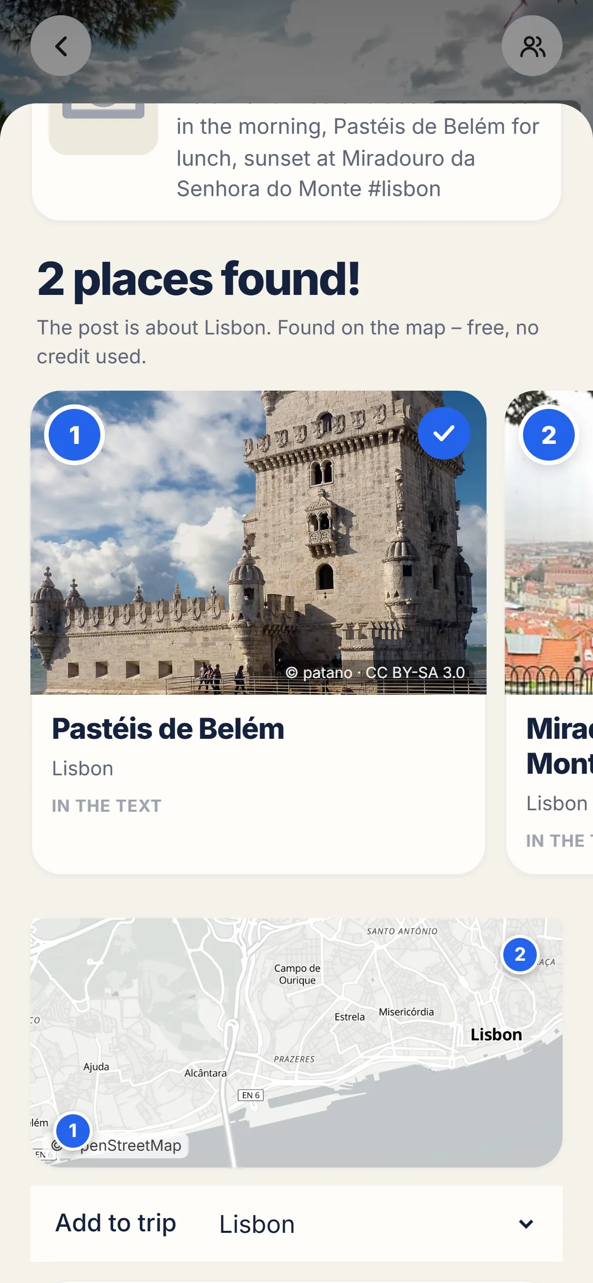 Import from an Instagram post: the places found, as photo cards with a map of Lisbon