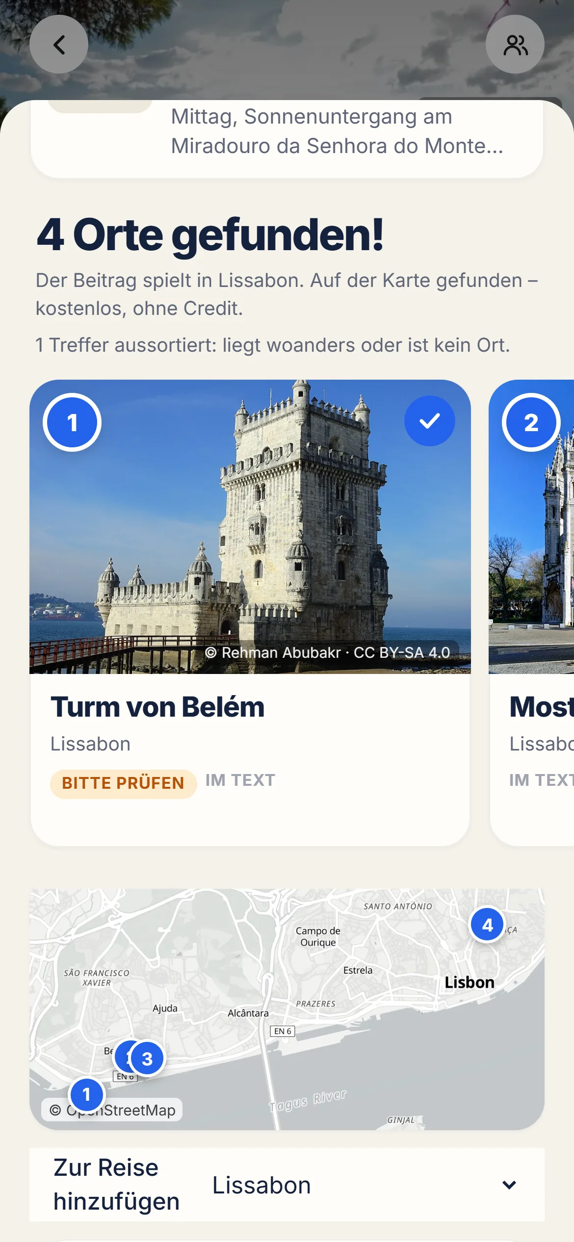 Import aus einem Instagram-Beitrag: „4 Orte gefunden“ mit Fotokarte vom Turm von Belém und einer Karte von Lissabon