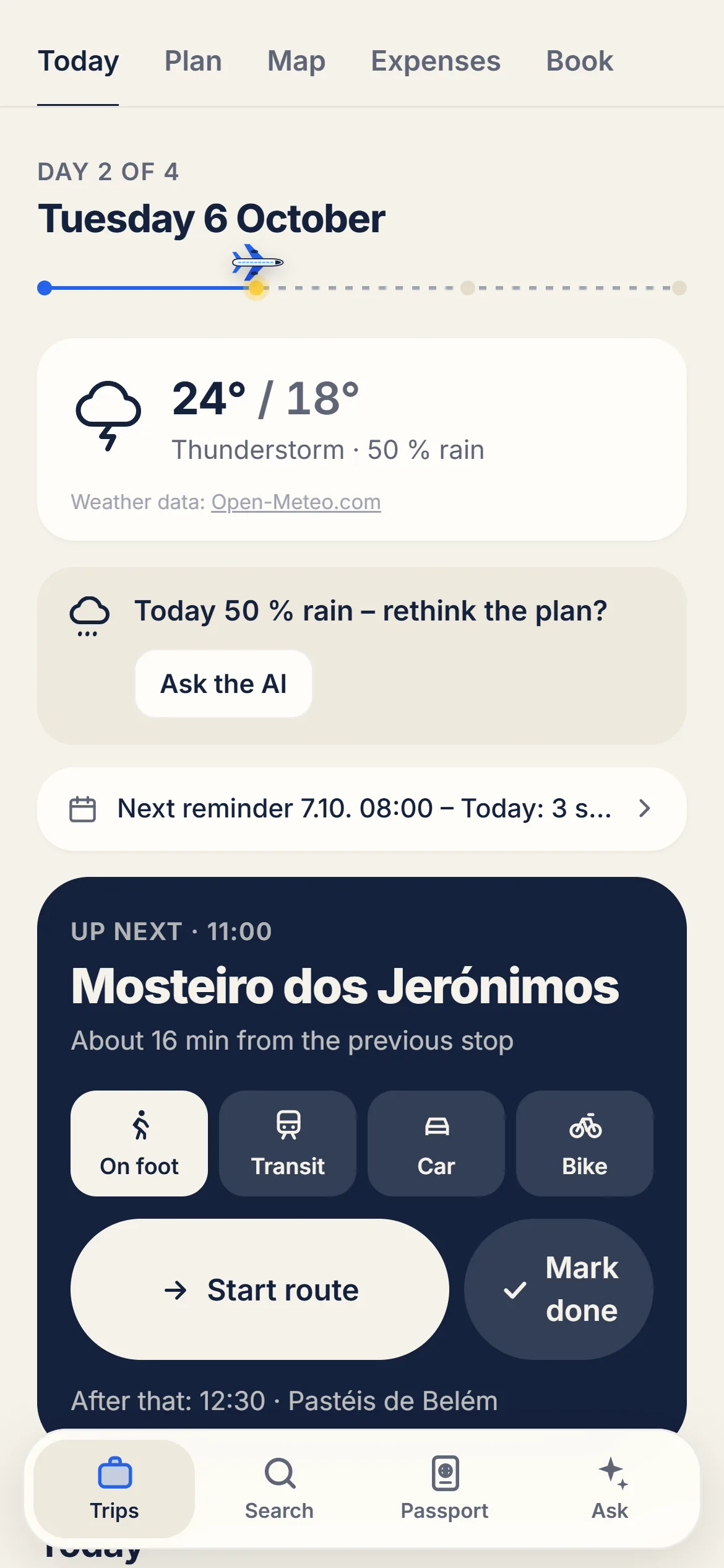 Today view: next stop with route and walking time, below it the tickets of the day