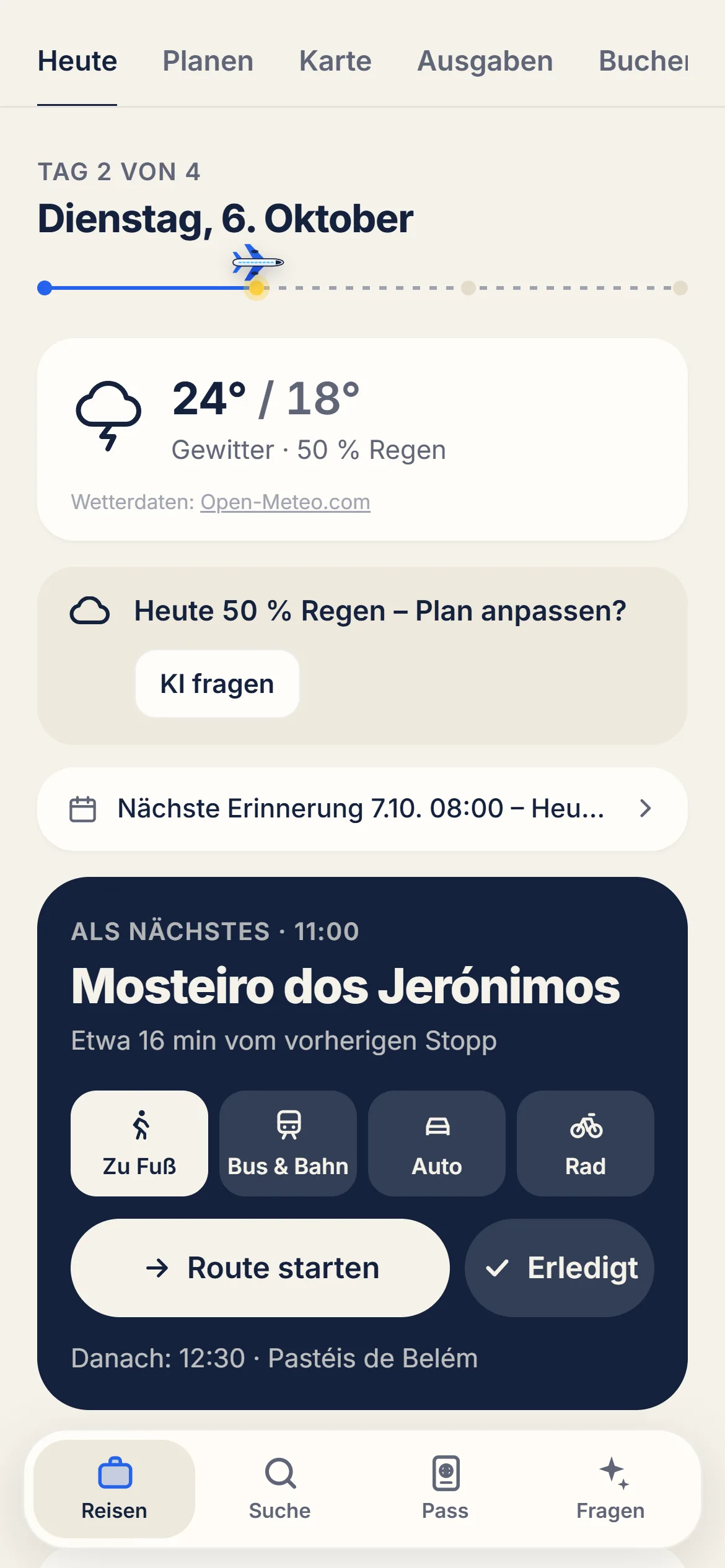 Heute-Ansicht: nächster Stopp mit Weg und Gehzeit, darunter die Tickets des Tages
