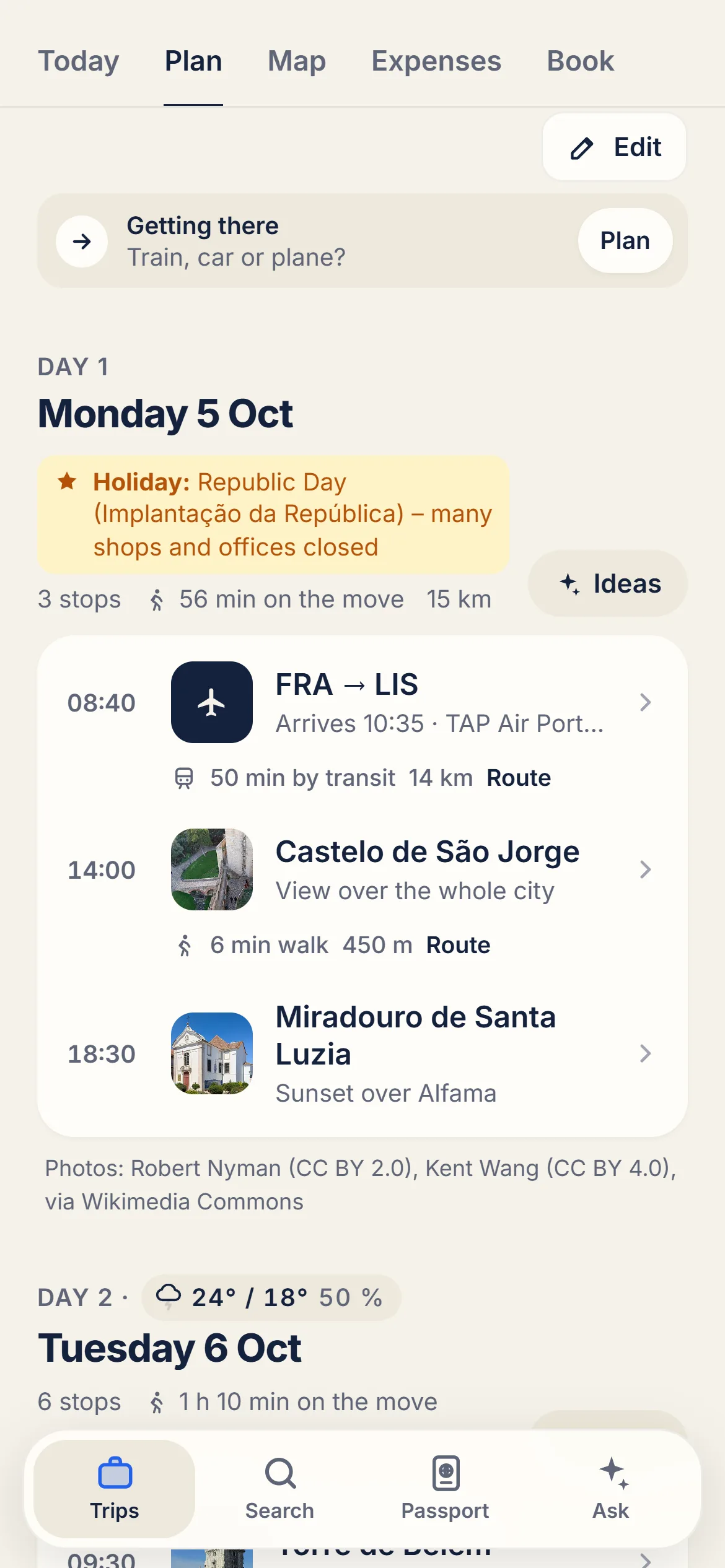 Day plan of a trip with stops, times and routes between places