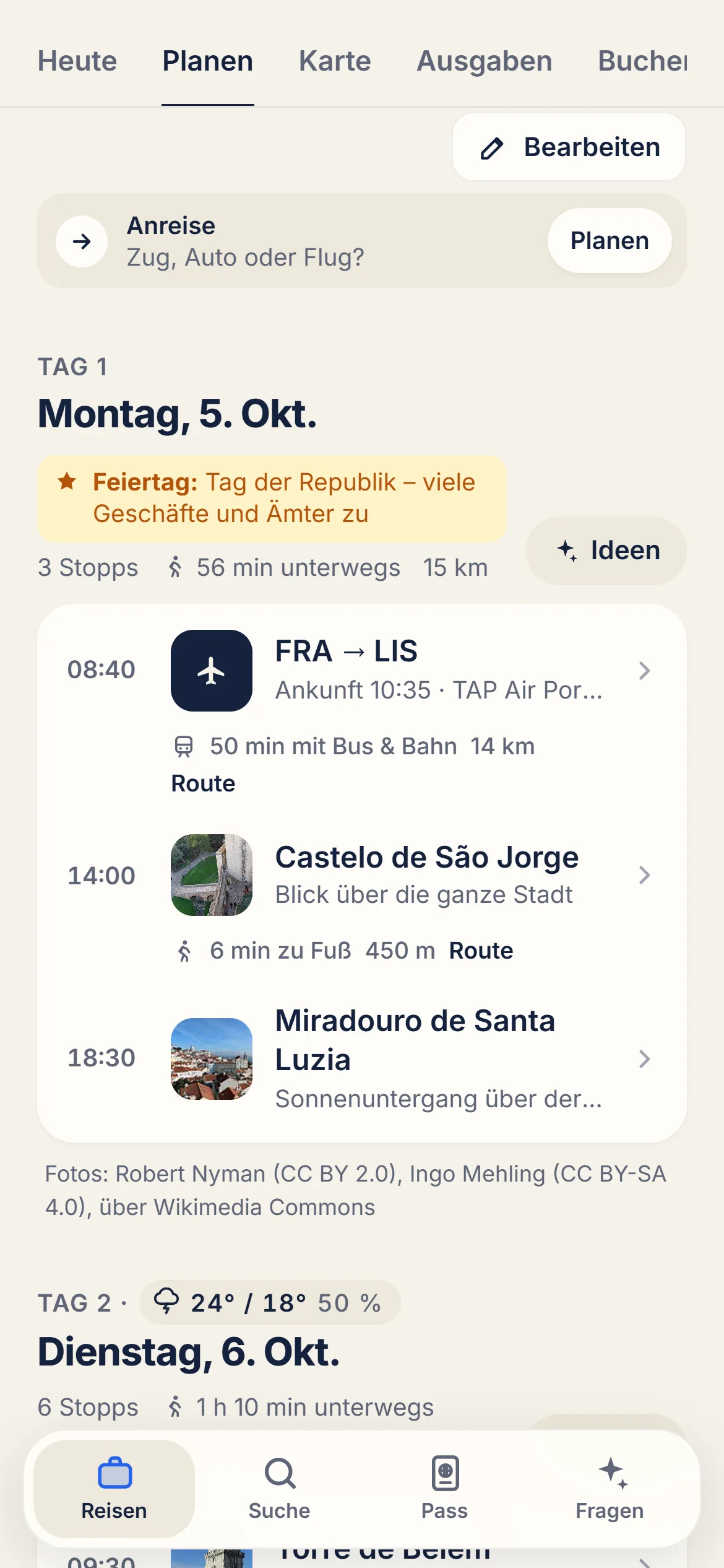 Tagesplan einer Reise mit Stopps, Uhrzeiten und Wegen zwischen den Orten