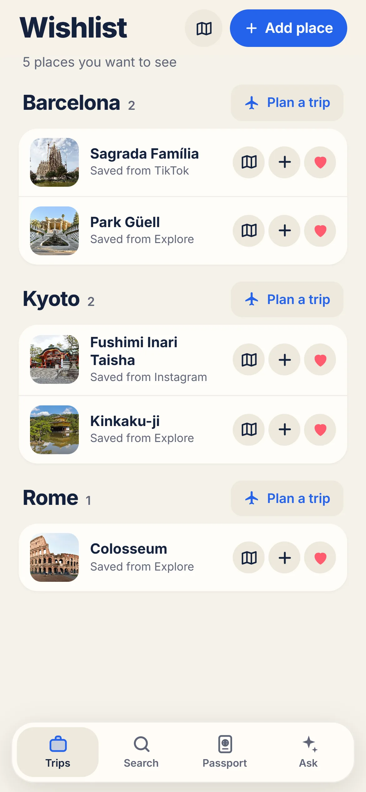 Wishlist with places in Barcelona, Kyoto and Rome, each with a photo