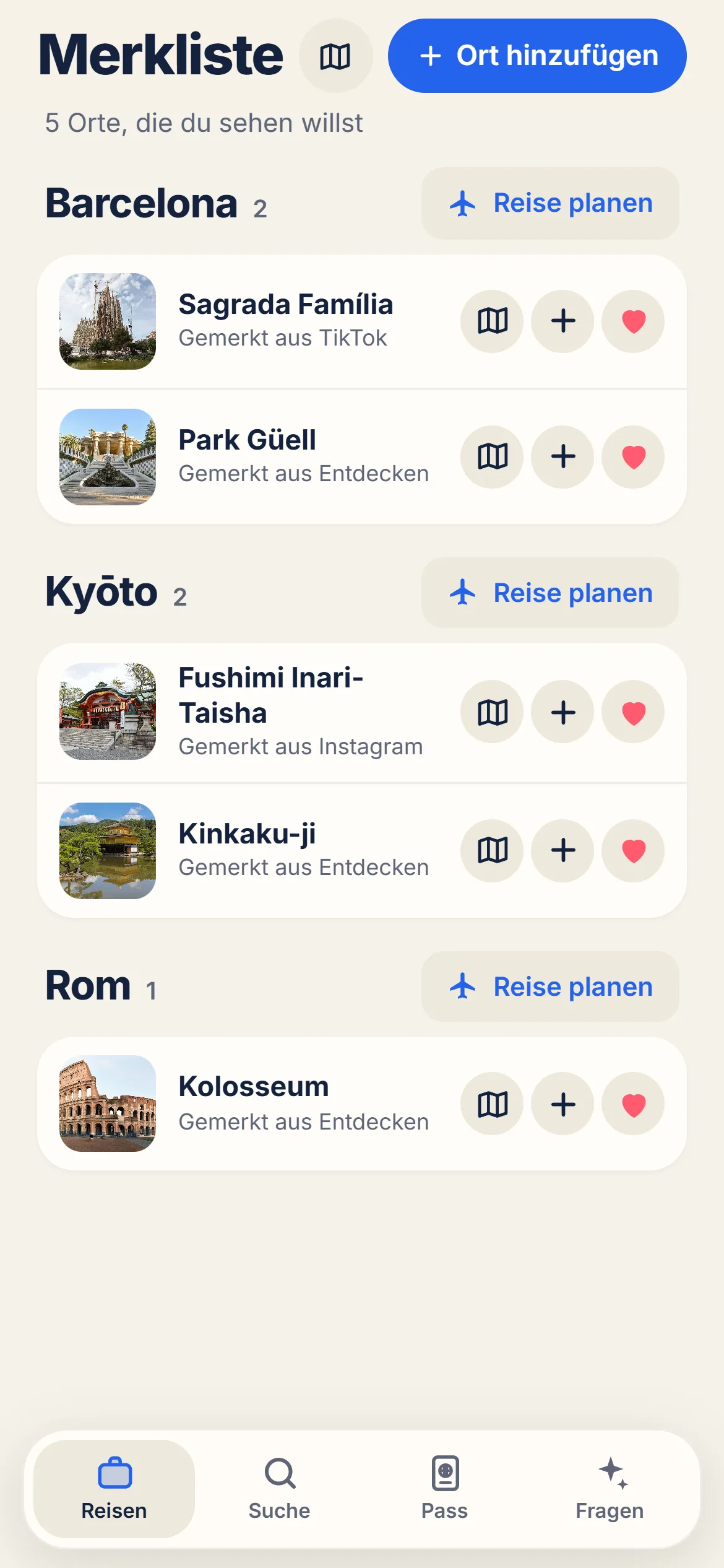Merkliste mit Orten in Barcelona, Kyōto und Rom, jeweils mit Foto